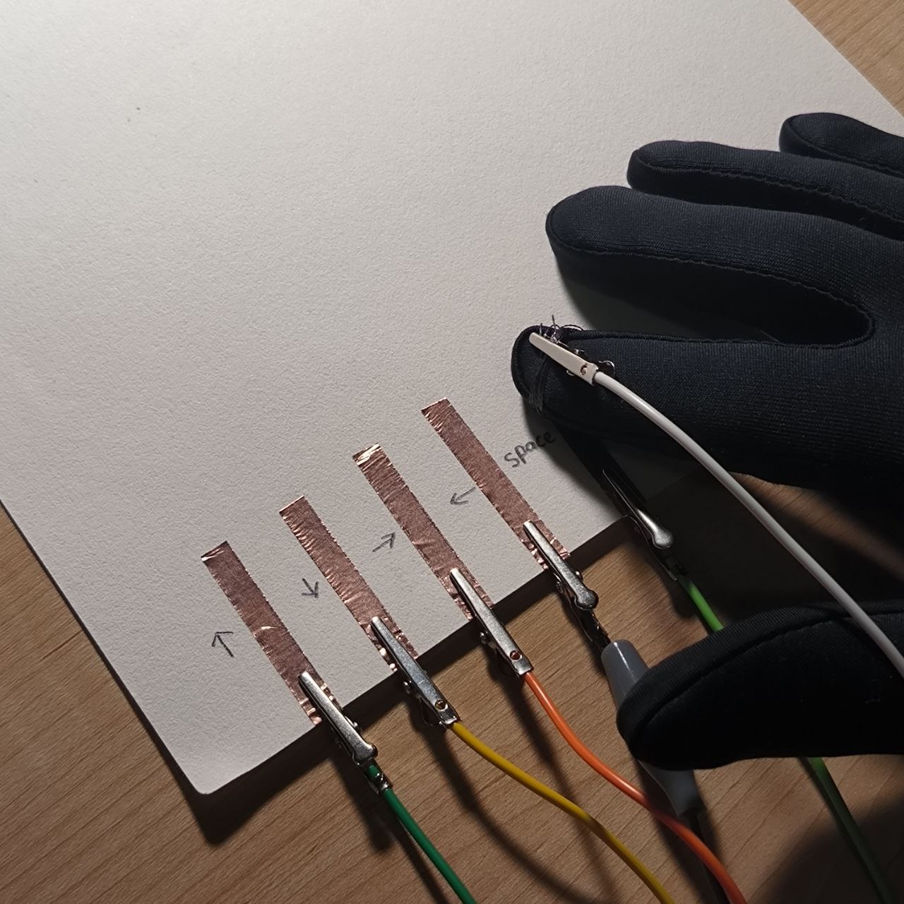 The glove moves over the interface, showing real-time navigation across inputs. This demonstrates a successful, wearable interaction system where a user controls input with natural hand gestures.